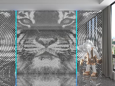 Room Interior Featuring Wall Panel With Dot Pattern Face Design White Sculpture And Smooth Floor 3d model