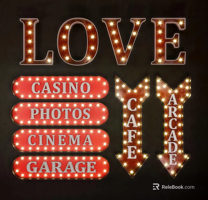 Vintage Style Decorative Lights with LOVE Letters Arrow and Rectangular Signs Featuring Bulbs 3d model 
