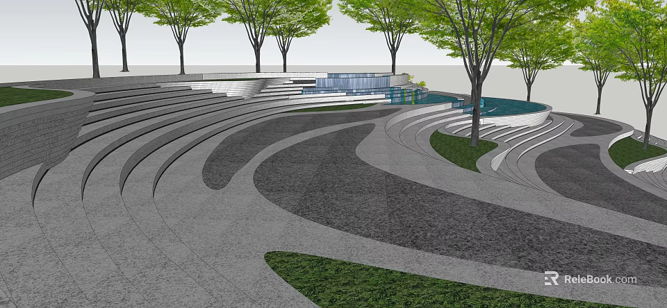Modern Curved Outdoor Stairs Design With Trees Grass Water Feature And Paved Landscape 3d model 
