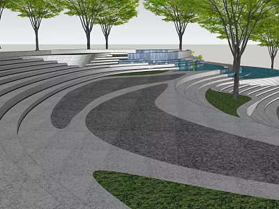 Modern Curved Outdoor Stairs Design With Trees Grass Water Feature And Paved Landscape 3d model