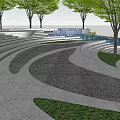 Modern Curved Outdoor Stairs Design With Trees Grass Water Feature And Paved Landscape