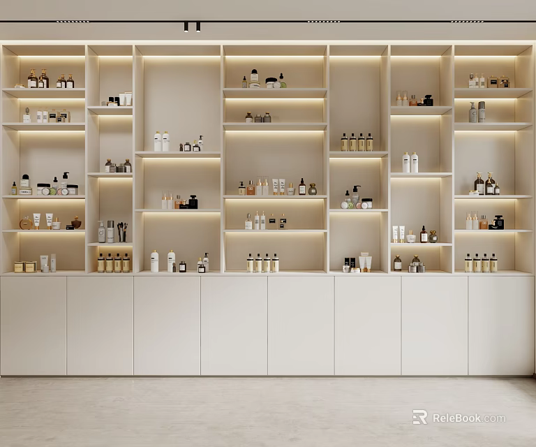 Modern White Decorative Cabinet With Layered Shelves LED Lighting Displaying Bottles And Jars 3d model 
