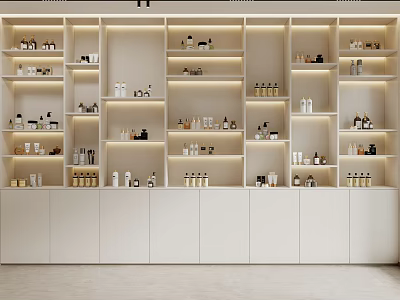 Modern White Decorative Cabinet With Layered Shelves LED Lighting Displaying Bottles And Jars 3d model