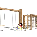 Wooden Playground Equipment with Swings Climbing Net and Children Playing