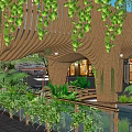 Modern Wooden Landscape Bridge With Lush Green Plants And Trees Along Walkway