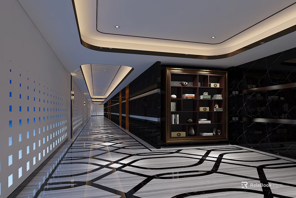 Modern Office Corridor Interior With Ceiling Lighting Geometric Flooring And Display Cabinets 3d model 
