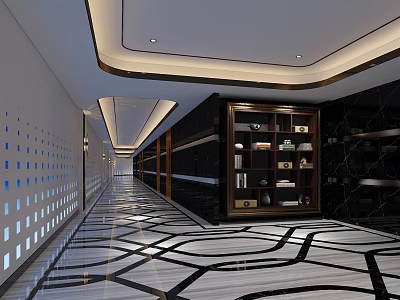 Modern Office Corridor Interior With Ceiling Lighting Geometric Flooring And Display Cabinets 3d model