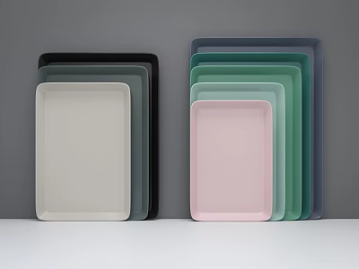 Multicolored Modern Tableware Set With Stacked Trays In Pink Green Blue And Gray 3d model