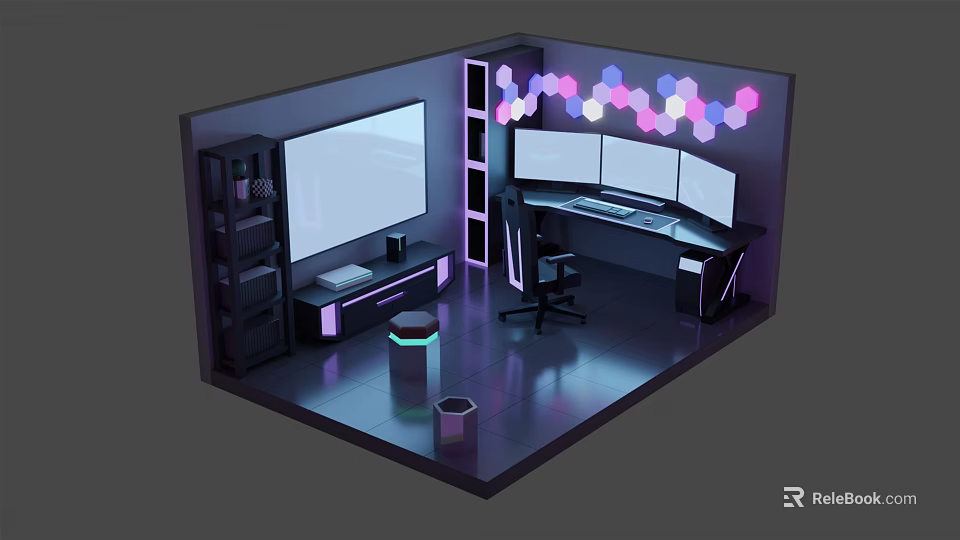 Modern Cartoon Style Gaming Room Featuring Multiple Monitors LED Hexagon Lights And Black Gaming Chair 3d model 