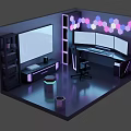 Modern Cartoon Style Gaming Room Featuring Multiple Monitors LED Hexagon Lights And Black Gaming Chair