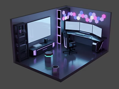 Modern Cartoon Style Gaming Room Featuring Multiple Monitors LED Hexagon Lights And Black Gaming Chair 3d model