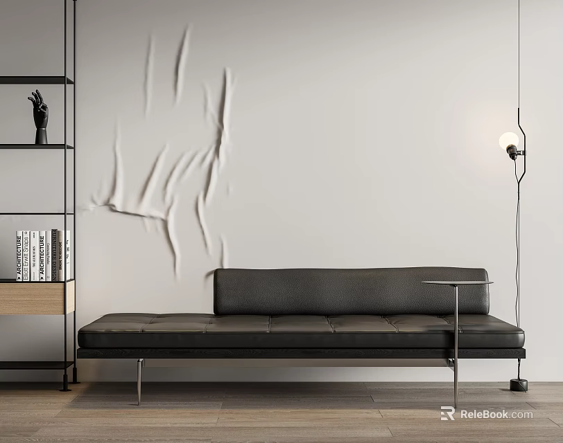 Black Leather Chaise Lounge With Textured White Wall Floor Lamp Bookshelf And Wooden Floor 3d model 