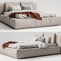 Modern Light Gray Double Bed with Plaid Pillow White Sheets and Brown Blanket 3d model
