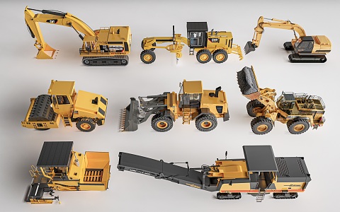 Road repair machinery bulldozer excavator construction machinery asphalt paver 3d model