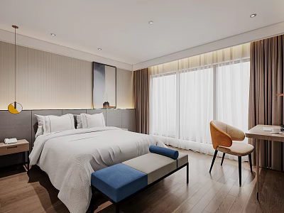 Modern Hotel Room Interior With Comfortable Bed Large Window Wooden Floor And Desk Chair 3d model