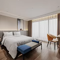 Modern Hotel Room Interior With Comfortable Bed Large Window Wooden Floor And Desk Chair