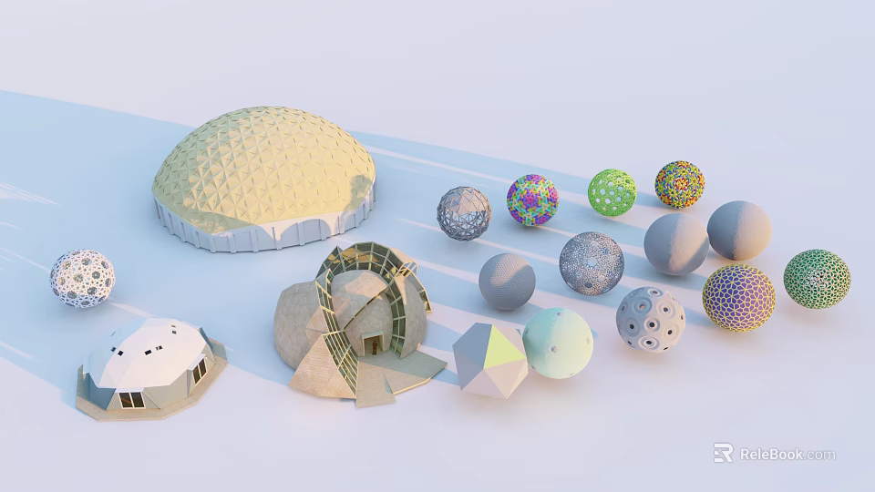 Modern Geometric Landscape Sculpture With Colorful Spheres Domes And Polyhedrons 3d model 