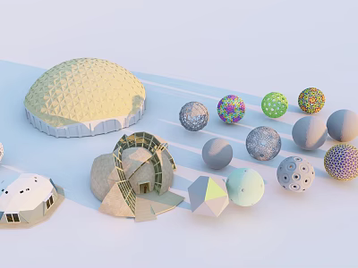 Modern Geometric Landscape Sculpture With Colorful Spheres Domes And Polyhedrons 3d model
