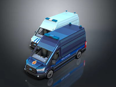 Detailed Blue Police Van and White Ambulance 3D Rendering With Emergency Roof Lights 3d model