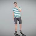 Man In Green And White Striped T Shirt Standing With Dark Shorts On Gray Background