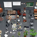 Modern Office Desk Setup With Bookshelf Office Chair Office Supplies And Potted Plants
