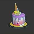 Decorated Cake With Purple Pink Gradient Dripping Icing Topped With Ice Cream Cone Macarons Candle