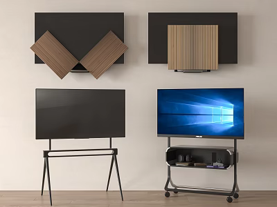 Modern TV Designs with Wooden Wall Mount Tripod and Wheeled Storage Stands 3d model