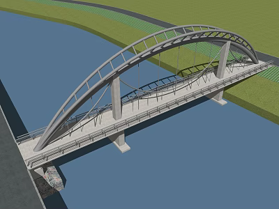 Modern Arched Steel Bridge Design Over River With Green Grass And Road 3d model