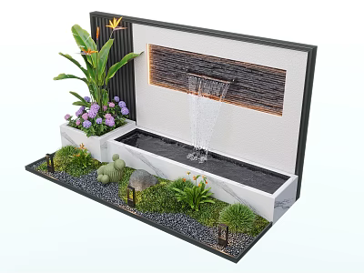 Outdoor Fountain Wall with Flowing Water Green Plants Purple Flowers Small Lights and Pebbles 3d model