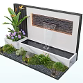 Outdoor Fountain Wall with Flowing Water Green Plants Purple Flowers Small Lights and Pebbles