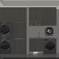 Modern Laundry Room Interior With Wooden Cabinets Washing Machines Dryers Faucet And Window Blinds