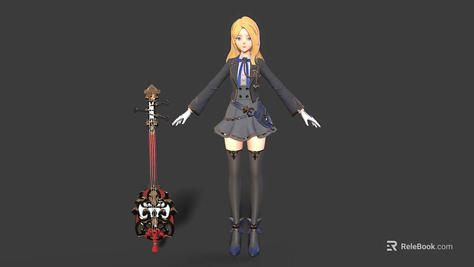 Blonde Anime Character in Gray Uniform with Dragon Decorated Musical Instrument 3d model 