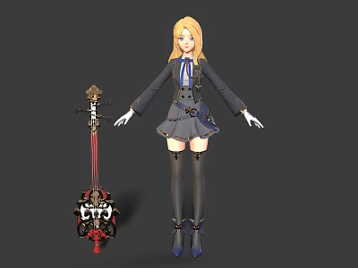 Blonde Anime Character in Gray Uniform with Dragon Decorated Musical Instrument 3d model