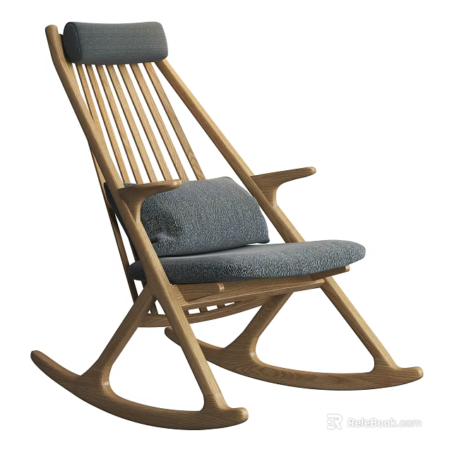 Comfortable Wooden Rocking Chair With Blue Cushion And Modern Minimalist Design 3d model 