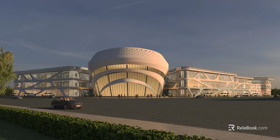 Modern Commercial Street With Unique Curved Roof Glass Facade And Spacious Plaza Area 3d model 