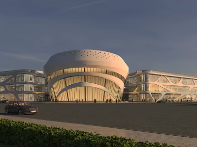 Modern Commercial Street With Unique Curved Roof Glass Facade And Spacious Plaza Area 3d model