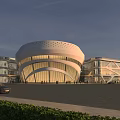 Modern Commercial Street With Unique Curved Roof Glass Facade And Spacious Plaza Area