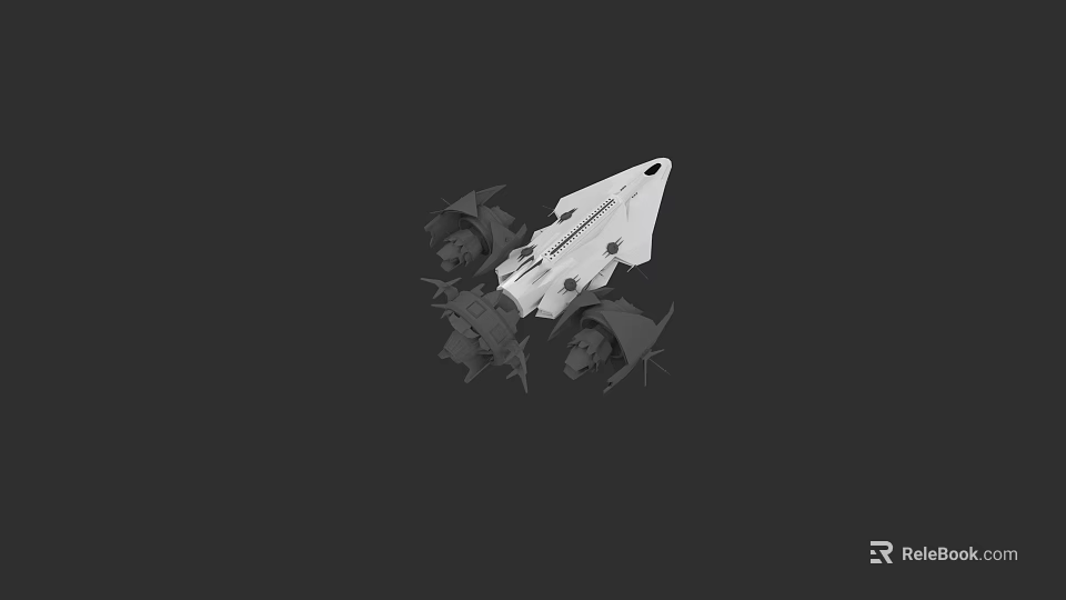 Futuristic White Spaceship Surrounded By Black Debris On Dark Background 3d model 