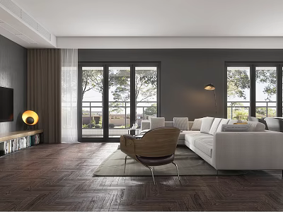 Modern Living Room Interior With White Sofa Wooden Armchair Large Windows And Floor Lamp 3d model