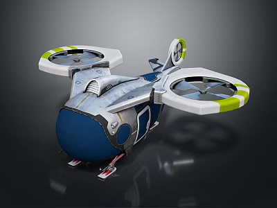 Futuristic Space Aerospace Drone With Blue Body White Rotors Yellow Stripes Landing Gear Details 3d model