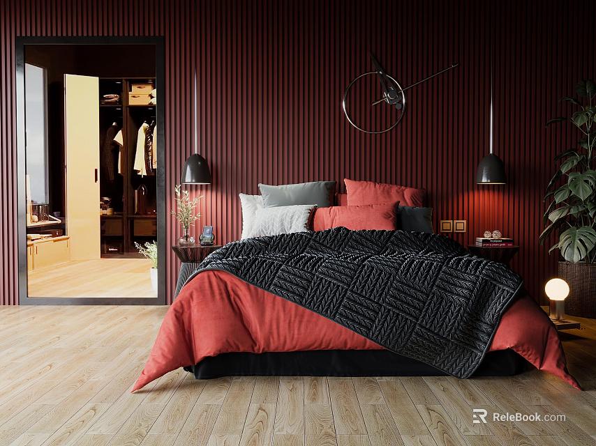 Background Double Bed Interior With Red Black Quilt Red Striped Wall Wooden Floor Open Wardrobe 3d model 