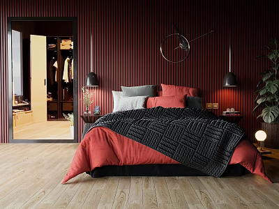 Background Double Bed Interior With Red Black Quilt Red Striped Wall Wooden Floor Open Wardrobe 3d model
