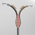 Modern Outdoor Light With Gray Lamp Post Two Light Arms And Pink Decorative Middle Design