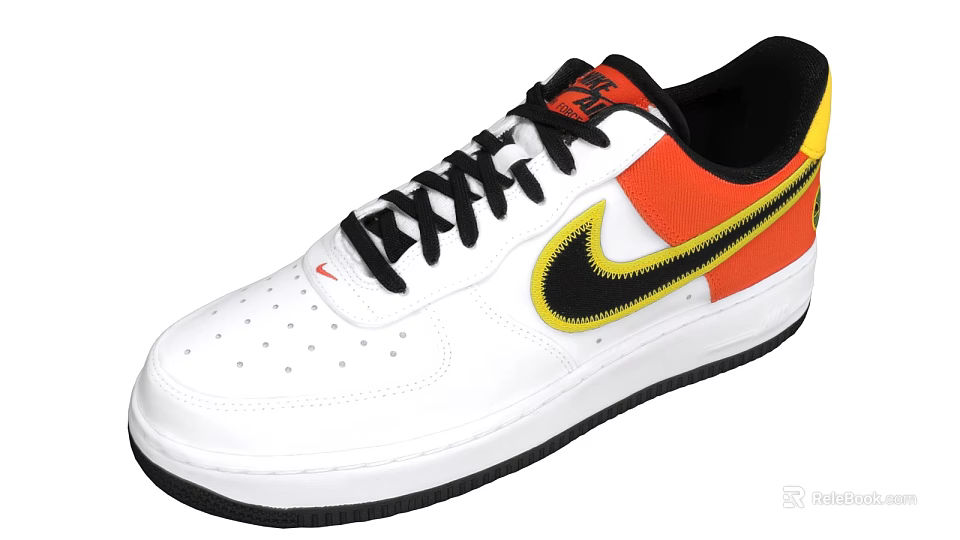 White Sneakers With Orange Yellow Accents Black Laces Swoosh Logo And Black Sole 3d model 