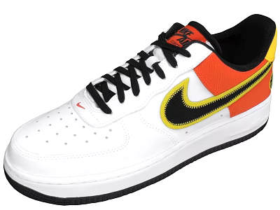 White Sneakers With Orange Yellow Accents Black Laces Swoosh Logo And Black Sole 3d model