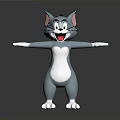 Blue cartoon cat smiling with open arms white belly and pink ears grey background