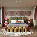 Playful Children's Bed with Green Headboard Yellow Arch Bench Red Curved Wall and Round Rug