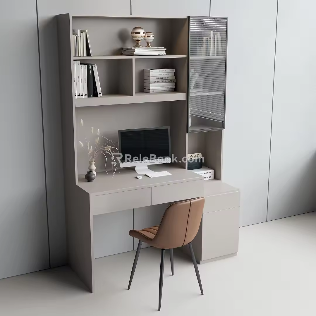 Computer Desk Study Desk Combination Cabinet Leather Single Chair Computer All-in-One Machine Keyboard and Mouse Books Accessories Vase Ornaments 3d model