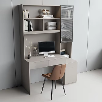 Computer Desk Study Desk Combination Cabinet Leather Single Chair Computer All-in-One Machine Keyboard and Mouse Books Accessories Vase Ornaments 3d model