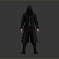 Detailed Black Hooded Robe Costume With Leather Zipper Belt And Long Boots